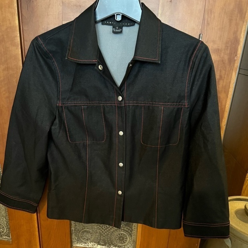 Yansi Fugel Black Cotton Blend Stretch Jacket with Red Stitching EUC Sz Small